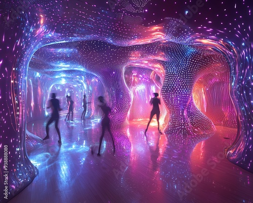 Silhouettes of people in a futuristic neon-lit space. photo