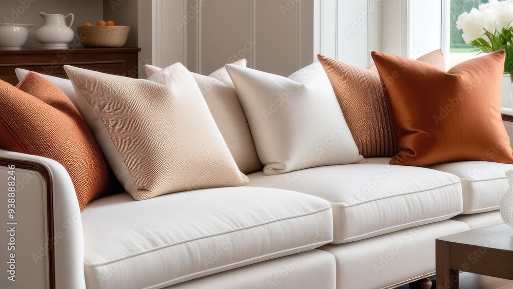 Close up of fabric sofa with white and terra cotta pillows. French country home interior design of modern living room Close up of fabric sofa with white and terra cotta pillows. French country home interior design of modern living room