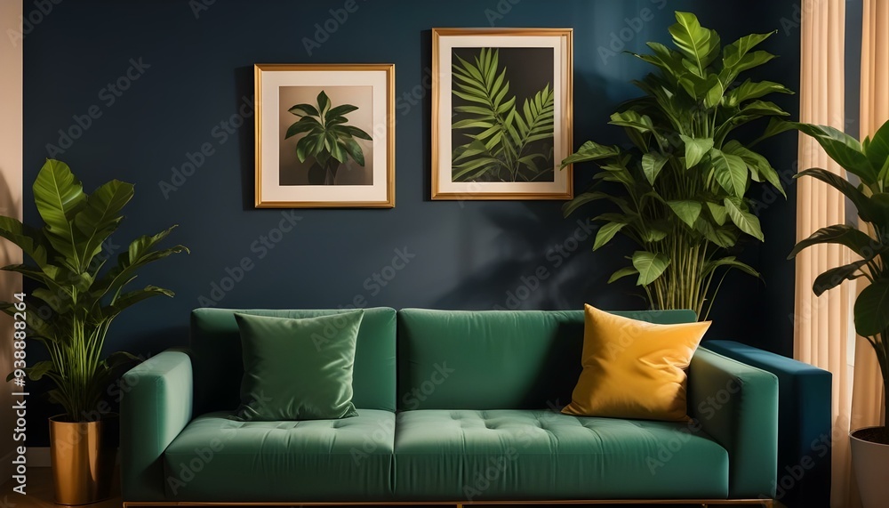 Interior mockup In a white room a blue sofa is placed next to a photo frame on the wall Interior mockup In a white room a blue sofa is placed next to a photo frame on the wall