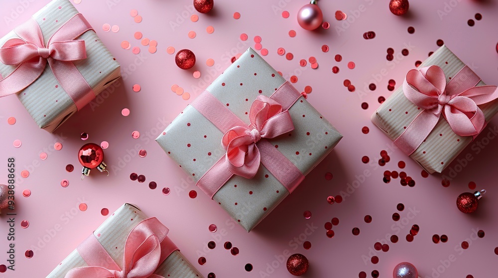 Valentine's Day flat lay with gift boxes, confetti, and festive decorations on a pink background. Valentine's Day flat lay with gift boxes, confetti, and festive decorations on a pink background.