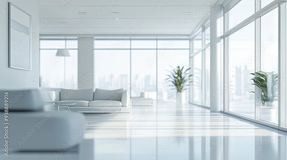 Blur background of bright office with white furniture and large windows. Modern white lounge. Generative ai Blur background of bright office with white furniture and large windows. Modern white lounge. Generative ai