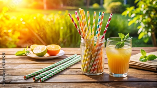Colorful striped paper straw lies on a natural wood table surrounded by summer vibes, refreshing drinks, and a warm sunny day atmosphere.