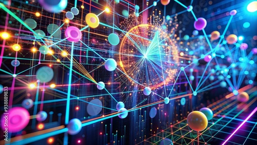 Complex futuristic data visualization featuring a vibrant 3D matrix with glowing nodes, lines, and circles, surrounded by abstract infographics and neon color schemes.