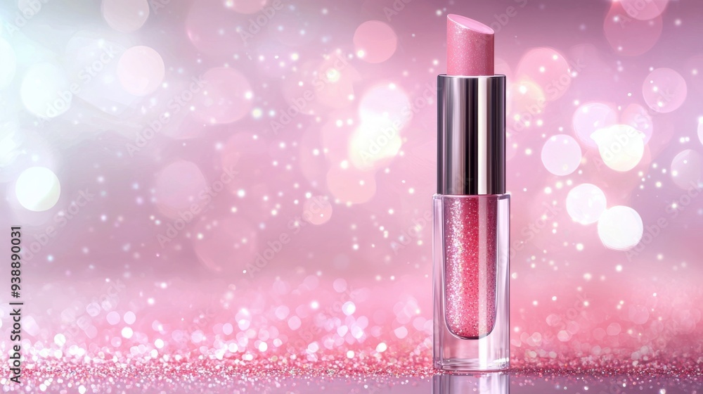 A beautiful pink lipstick in a sleek container, set against a soft, shimmering background of pastel colors. A beautiful pink lipstick in a sleek container, set against a soft, shimmering background of pastel colors.