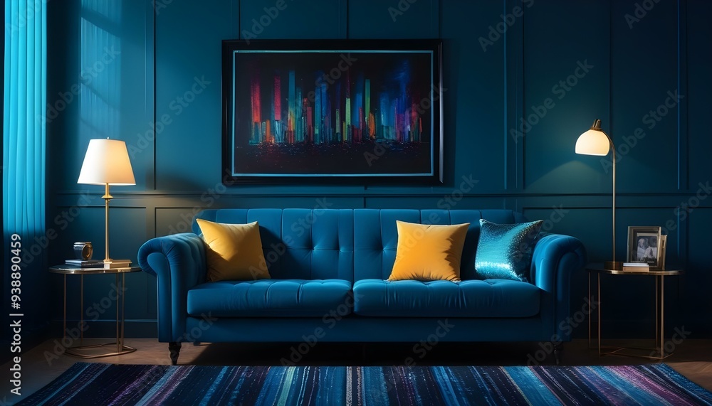 Interior mockup In a white room a blue sofa is placed next to a photo frame on the wall Interior mockup In a white room a blue sofa is placed next to a photo frame on the wall