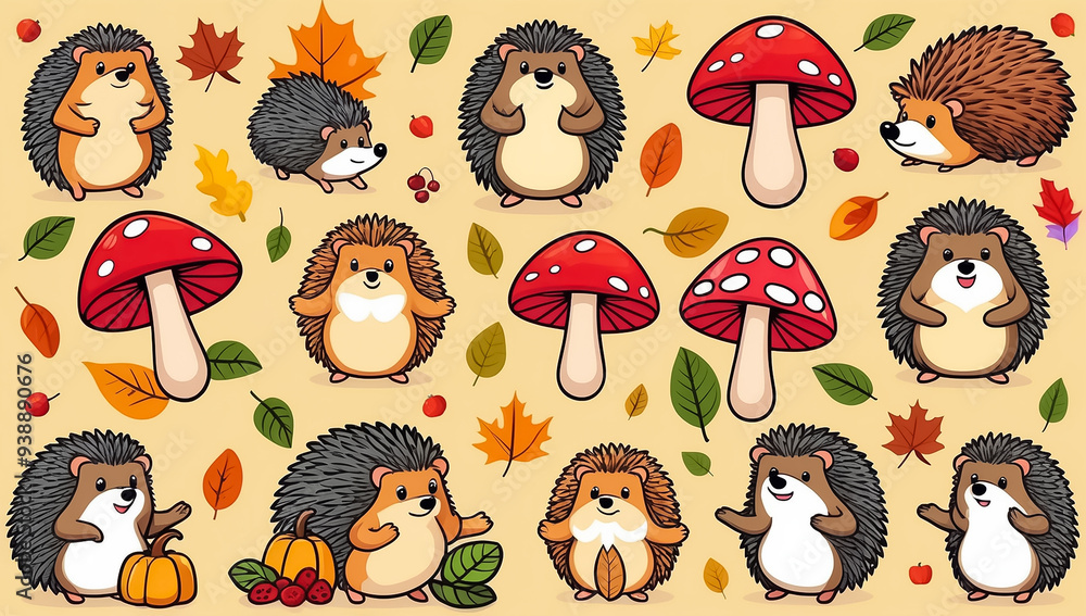 sticker set, different cute hedgehog sticker set, different cute hedgehog