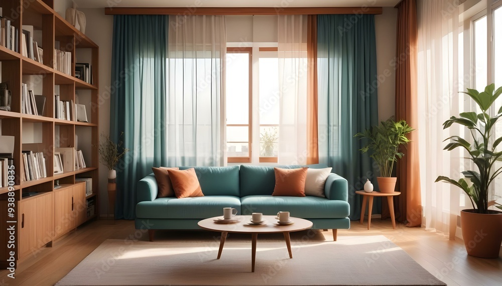Interior mockup In a white room a blue sofa is placed next to a photo frame on the wall Interior mockup In a white room a blue sofa is placed next to a photo frame on the wall