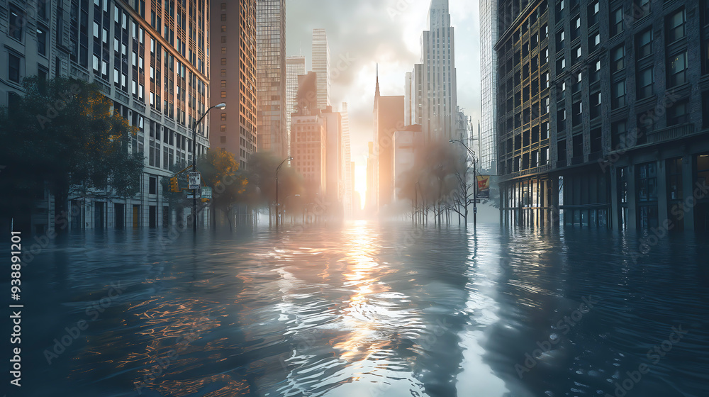 Urban flooding resulting from global warming, showcasing the genuine visual impact of climate change induced rising waters submerging a city. Global warming, Climate change concept Urban flooding resulting from global warming, showcasing the genuine visual impact of climate change induced rising waters submerging a city. Global warming, Climate change concept