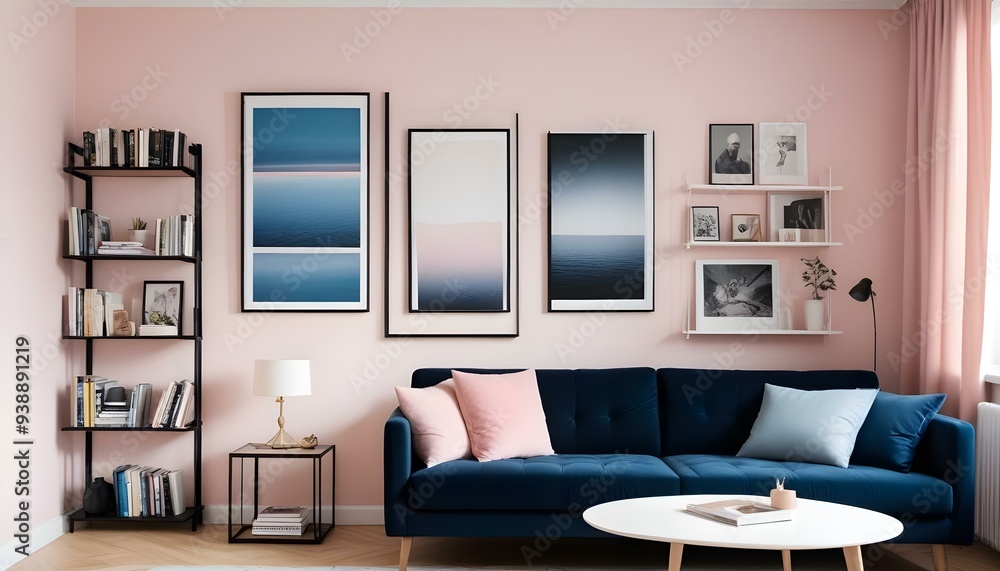 Interior mockup In a white room a blue sofa is placed next to a photo frame on the wall Interior mockup In a white room a blue sofa is placed next to a photo frame on the wall