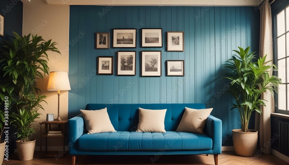 Interior mockup In a white room a blue sofa is placed next to a photo frame on the wall Interior mockup In a white room a blue sofa is placed next to a photo frame on the wall