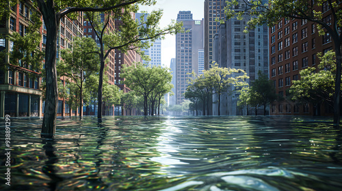 Urban flooding resulting from global warming, showcasing the genuine visual impact of climate change induced rising waters submerging a city. Global warming, Climate change concept	 photo