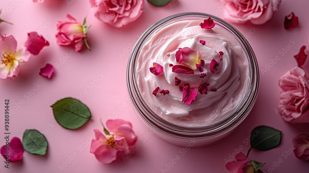 Pink background top view of a jar of moisturizer cream with rose petals. Pink background top view of a jar of moisturizer cream with rose petals.