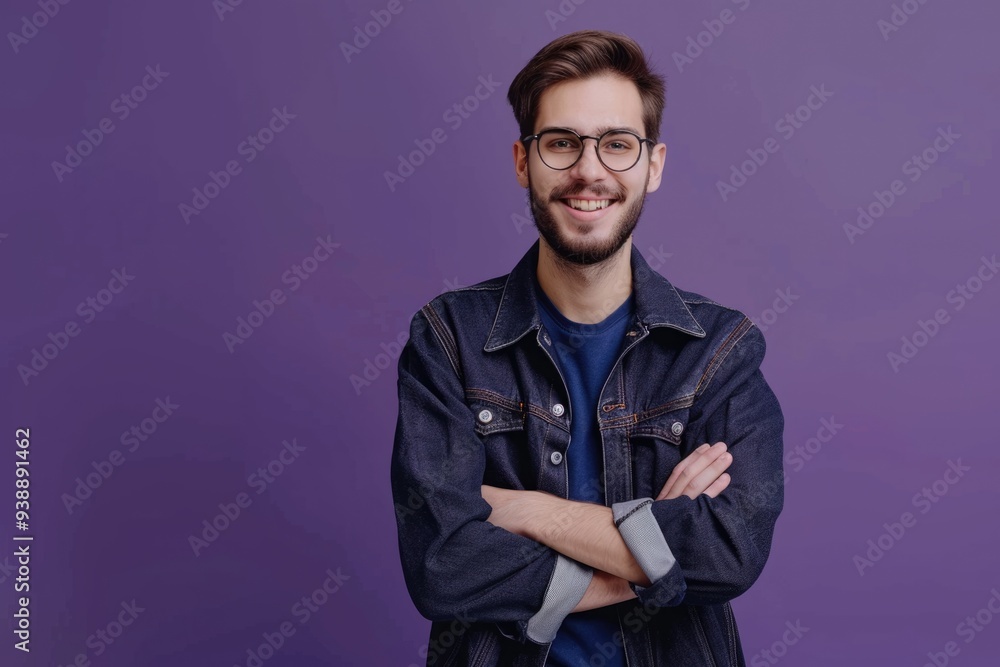 Confident young businessman in glasses and suit against purple background Confident young businessman in glasses and suit against purple background