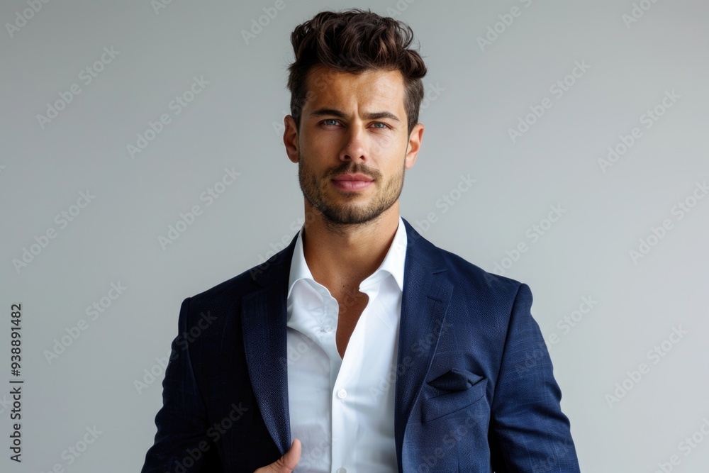 Confident business man holding hands on white background. Confident business man holding hands on white background.