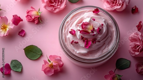 Pink background top view of a jar of moisturizer cream with rose petals.