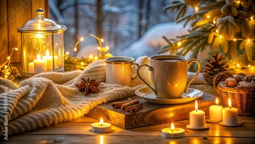 Cozy candlelit table setting with golden lighting, soft blankets, and steaming hot chocolate, evoking a sense of comfort and warmth on a chilly winter evening. photo