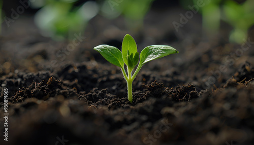 Green seedling growing in soil, closeup. Space for text