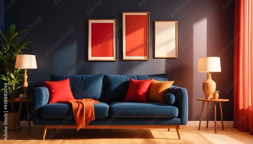 Interior mockup In a white room a blue sofa is placed next to a photo frame on the wall Interior mockup In a white room a blue sofa is placed next to a photo frame on the wall
