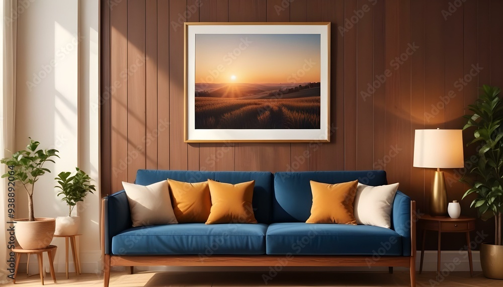 Interior mockup In a white room a blue sofa is placed next to a photo frame on the wall Interior mockup In a white room a blue sofa is placed next to a photo frame on the wall