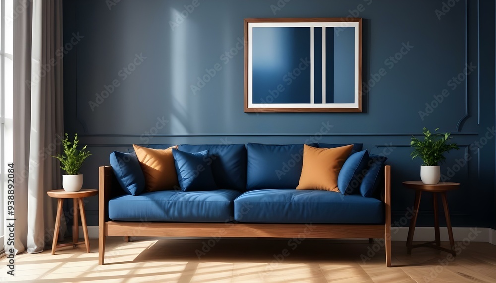 Interior mockup In a white room a blue sofa is placed next to a photo frame on the wall Interior mockup In a white room a blue sofa is placed next to a photo frame on the wall