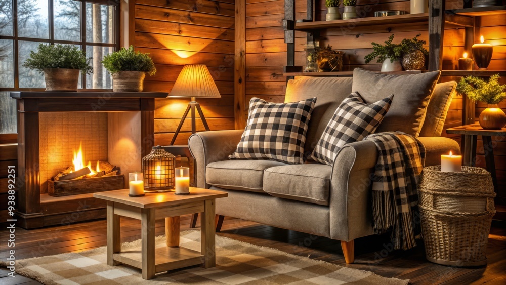 Cozy living room with plush armchair, matching throw pillows, and vintage wooden accents, adorned with buffalo check patterns and warm candlelight ambiance. Cozy living room with plush armchair, matching throw pillows, and vintage wooden accents, adorned with buffalo check patterns and warm candlelight ambiance.