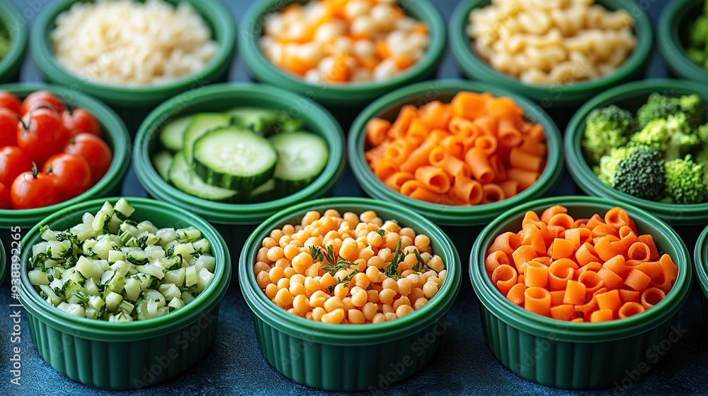 Fresh foods for kids' nutrition are in green silicone dishes on a blue background, including tomatoes, cucumbers, mixed vegetable rice, baby carrots, broccoli, and pasta. Fresh foods for kids' nutrition are in green silicone dishes on a blue background, including tomatoes, cucumbers, mixed vegetable rice, baby carrots, broccoli, and pasta.