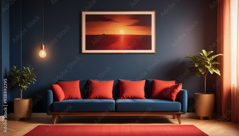 Interior mockup In a white room a blue sofa is placed next to a photo frame on the wall Interior mockup In a white room a blue sofa is placed next to a photo frame on the wall