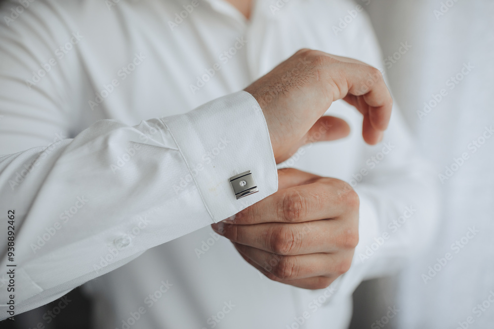 A man is getting dressed in a white shirt and is adjusting his cuff. Concept of formality and attention to detail, as the man takes care to properly dress himself A man is getting dressed in a white shirt and is adjusting his cuff. Concept of formality and attention to detail, as the man takes care to properly dress himself