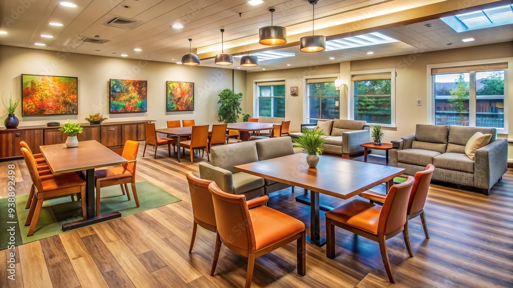 Cozy modern community room with comfortable seating, wooden tables, and colorful artwork, perfect for social gatherings, meetings, and collaborative events in a warm atmosphere. Cozy modern community room with comfortable seating, wooden tables, and colorful artwork, perfect for social gatherings, meetings, and collaborative events in a warm atmosphere.