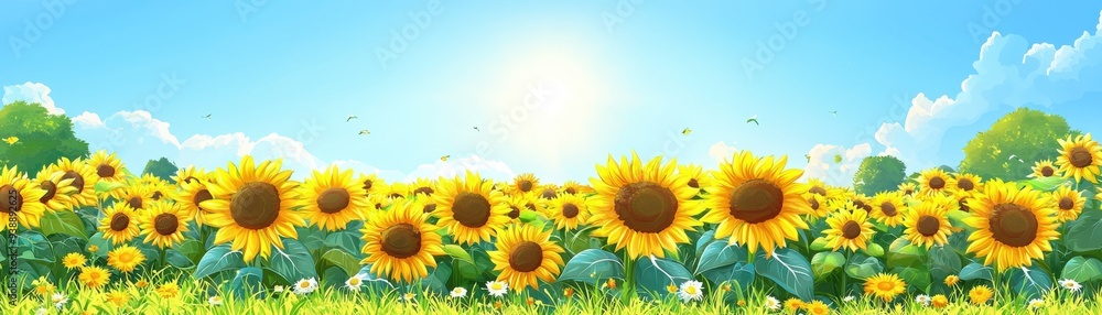 Fototapeta premium A vibrant sunflower field under a sunny blue sky with fluffy clouds, radiating warmth and beauty of nature.