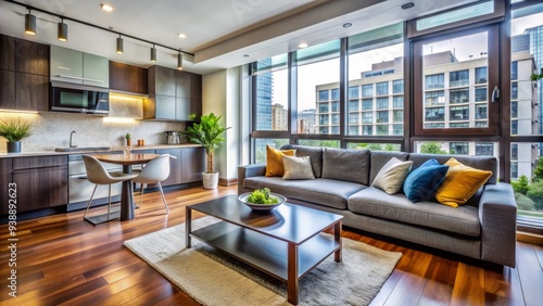 Cozy modern rental apartment with large windows, comfortable furniture, and sleek kitchen appliances, perfect for relaxing and entertaining in a urban setting.