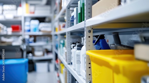 Shelves filled with various items in a storage room