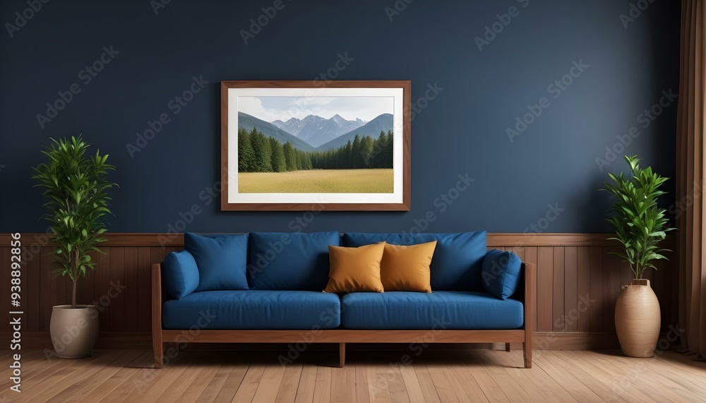 Interior mockup In a white room a blue sofa is placed next to a photo frame on the wall Interior mockup In a white room a blue sofa is placed next to a photo frame on the wall