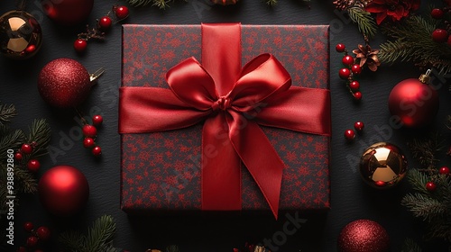 Luxury Christmas gift boxes with red ribbon, gold and red baubles, flat lay on black background. photo