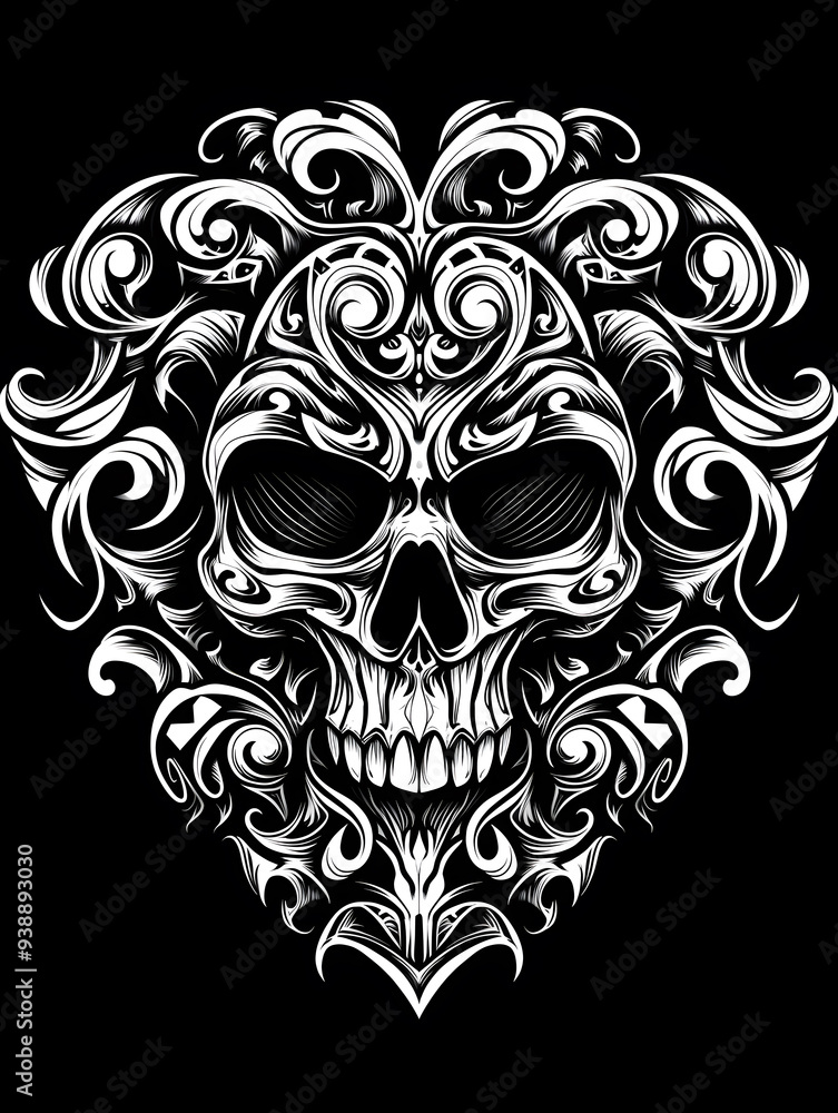 Tribal Skull and Baroque Patterns Tattoo symmetry layout illustration Tribal Skull and Baroque Patterns Tattoo symmetry layout illustration