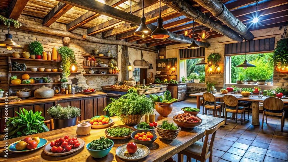 Cozy rustic restaurant interior showcasing vibrant local cuisine, fresh produce, and traditional cooking methods, evoking a sense of community and cultural heritage. Cozy rustic restaurant interior showcasing vibrant local cuisine, fresh produce, and traditional cooking methods, evoking a sense of community and cultural heritage.