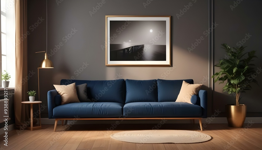 Interior mockup In a white room a blue sofa is placed next to a photo frame on the wall Interior mockup In a white room a blue sofa is placed next to a photo frame on the wall