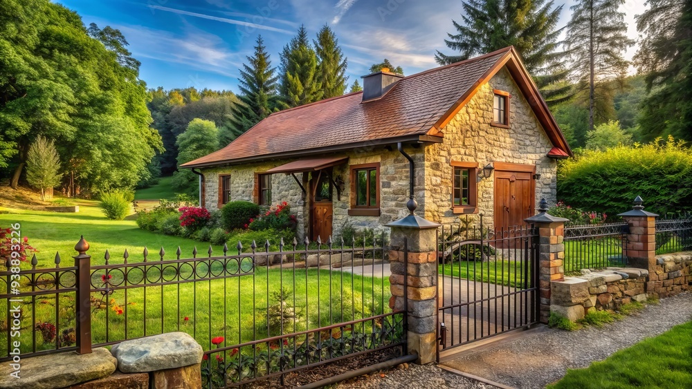 Cozy single-story house with a rusted metal fence and stonewall surrounded by lush greenery, evoking a sense of serenity and countryside charm. Cozy single-story house with a rusted metal fence and stonewall surrounded by lush greenery, evoking a sense of serenity and countryside charm.