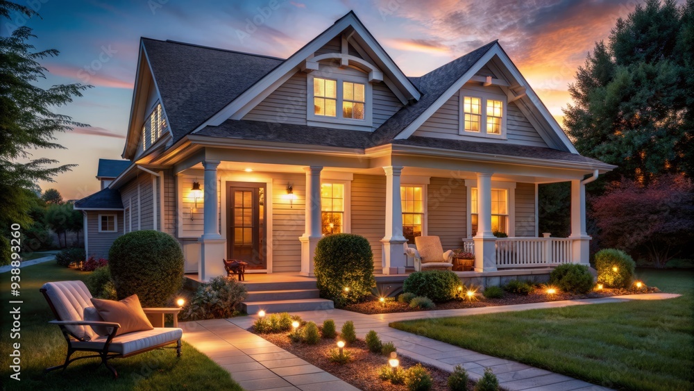 Cozy suburban home with warm porch lights and soft indoor glow, showcasing a sense of comfort and togetherness on a serene evening scene. Cozy suburban home with warm porch lights and soft indoor glow, showcasing a sense of comfort and togetherness on a serene evening scene.
