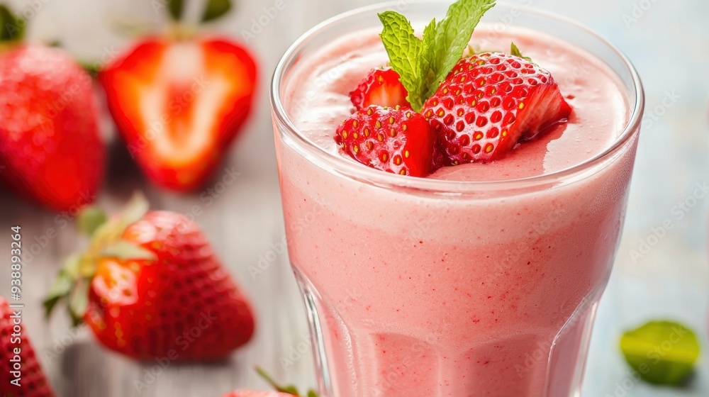 A glass of freshly made strawberry smoothie with juicy strawberry chunks floating on top, garnished with a mint leaf. A glass of freshly made strawberry smoothie with juicy strawberry chunks floating on top, garnished with a mint leaf.