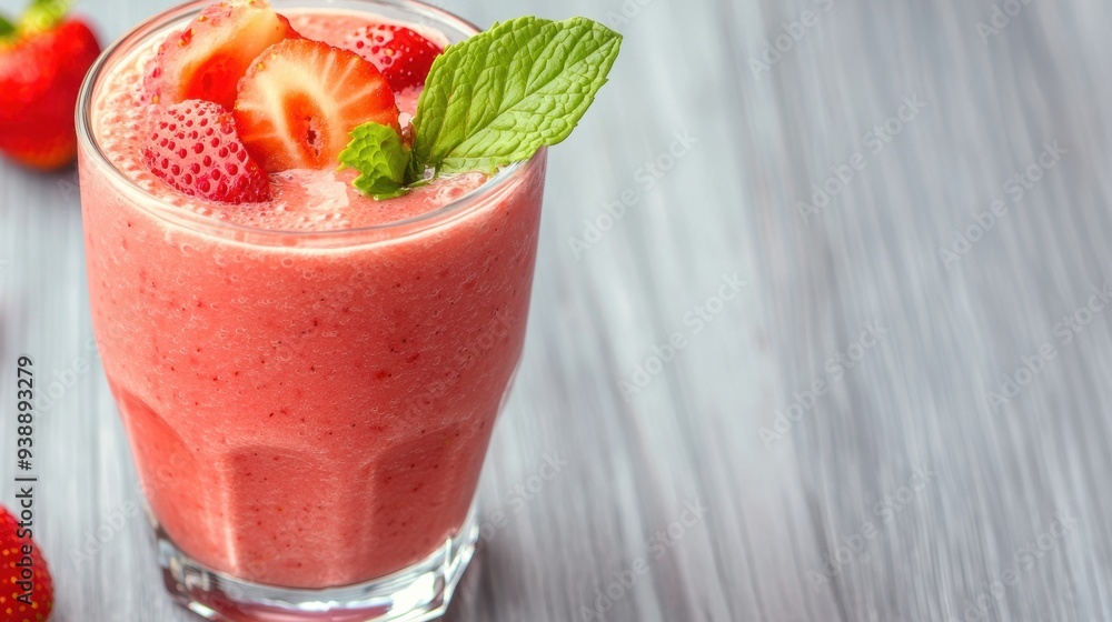 A glass of freshly made strawberry smoothie with juicy strawberry chunks floating on top, garnished with a mint leaf. A glass of freshly made strawberry smoothie with juicy strawberry chunks floating on top, garnished with a mint leaf.