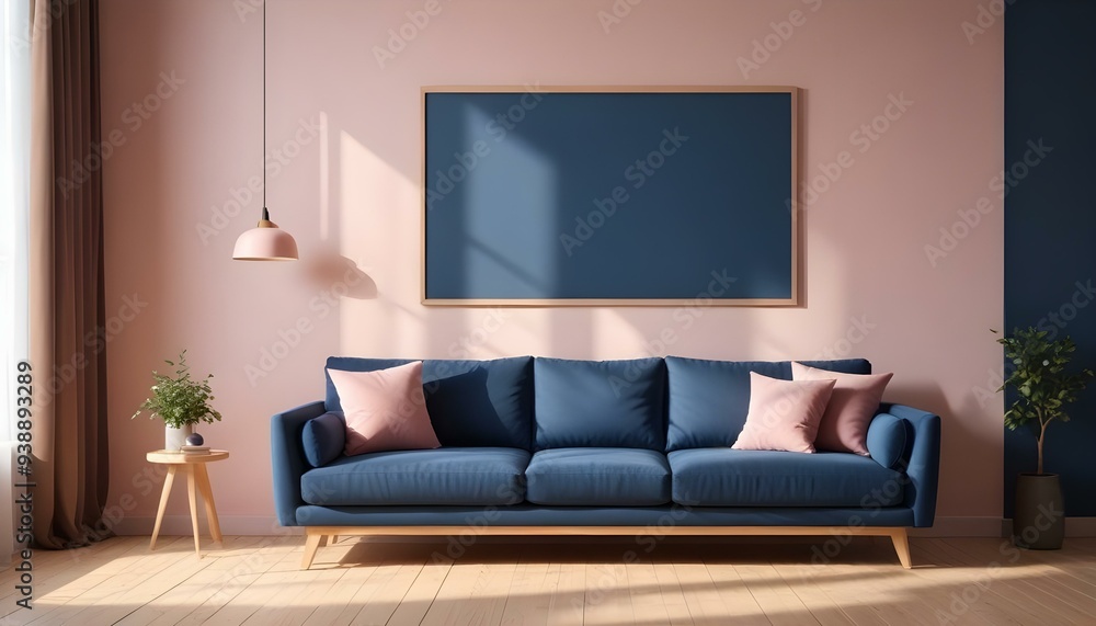 Interior mockup In a white room a blue sofa is placed next to a photo frame on the wall Interior mockup In a white room a blue sofa is placed next to a photo frame on the wall