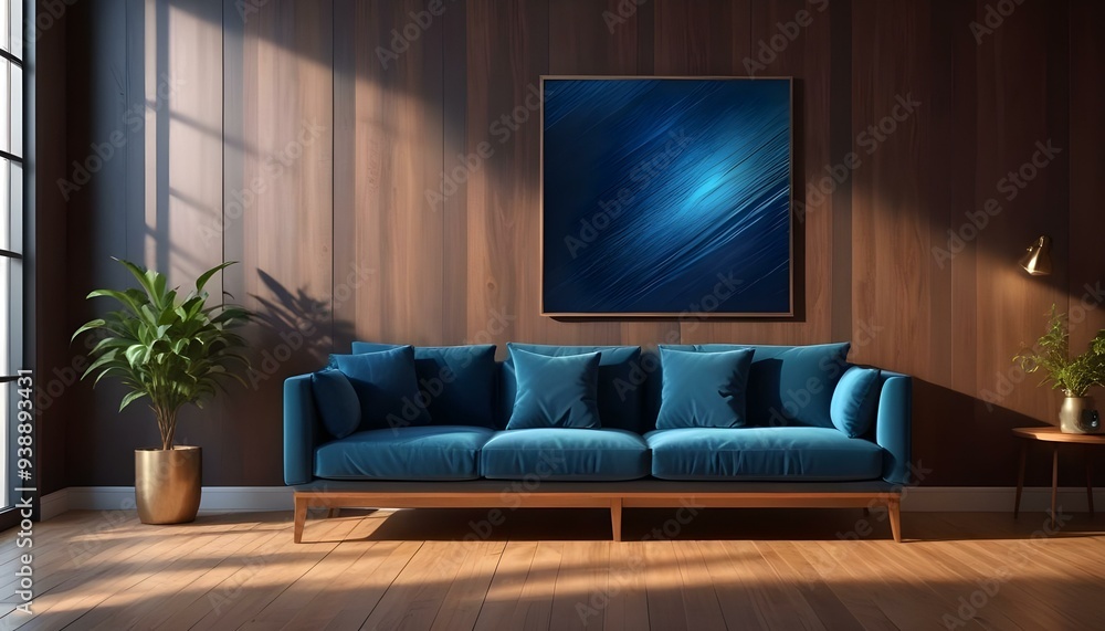 Interior mockup In a white room a blue sofa is placed next to a photo frame on the wall Interior mockup In a white room a blue sofa is placed next to a photo frame on the wall