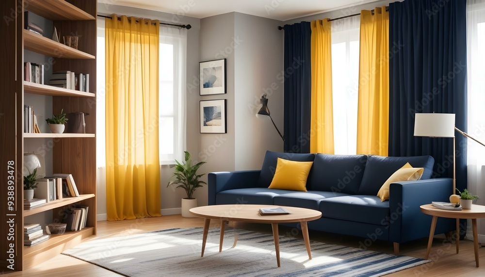 Interior mockup In a white room a blue sofa is placed next to a photo frame on the wall Interior mockup In a white room a blue sofa is placed next to a photo frame on the wall