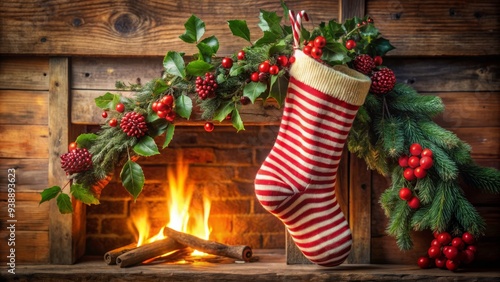 Cozy winter morning scene featuring a worn, hung-by-the-chimney-with-care, red and white striped Christmas stocking with festive holly and ornaments nearby. photo