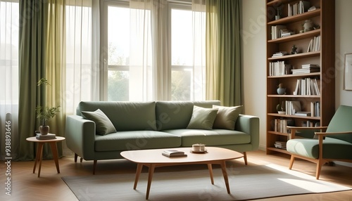 Interior mockup In a white room a blue sofa is placed next to a photo frame on the wall