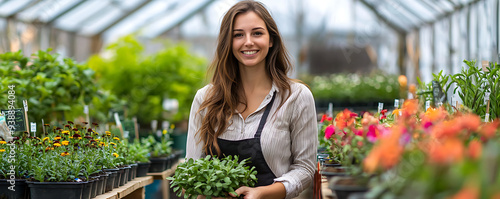 A young woman with a bright smile, dressed in a white shirt and apron, stands in a greenhouse surrounded by blooming flowers. She is holding a plant and appears confident and happy in her gardening bu photo