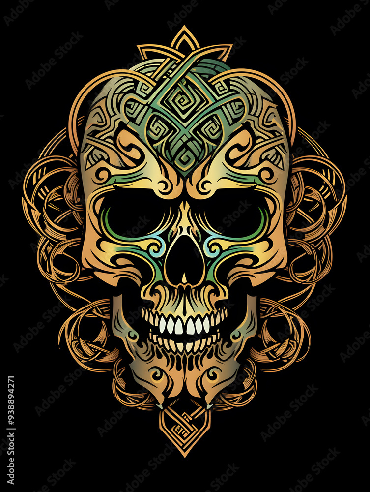 Fototapeta premium Tribal Skull and Celtic Knot Tattoo symmetry layout illustration
