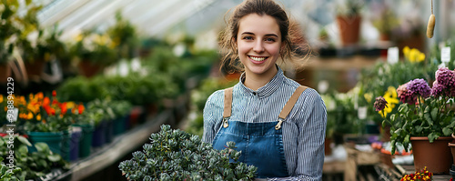 A young woman with a bright smile, dressed in a white shirt and apron, stands in a greenhouse surrounded by blooming flowers. She is holding a plant and appears confident and happy in her gardening bu photo