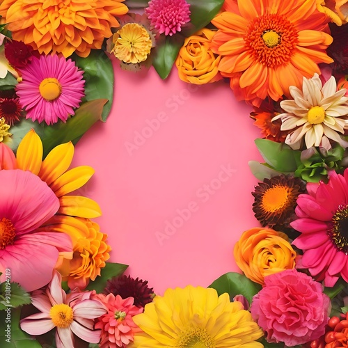 Vibrant Flower Frame with Hot Pink Background, Flowers in Shades of Orange, Pink, Yellow